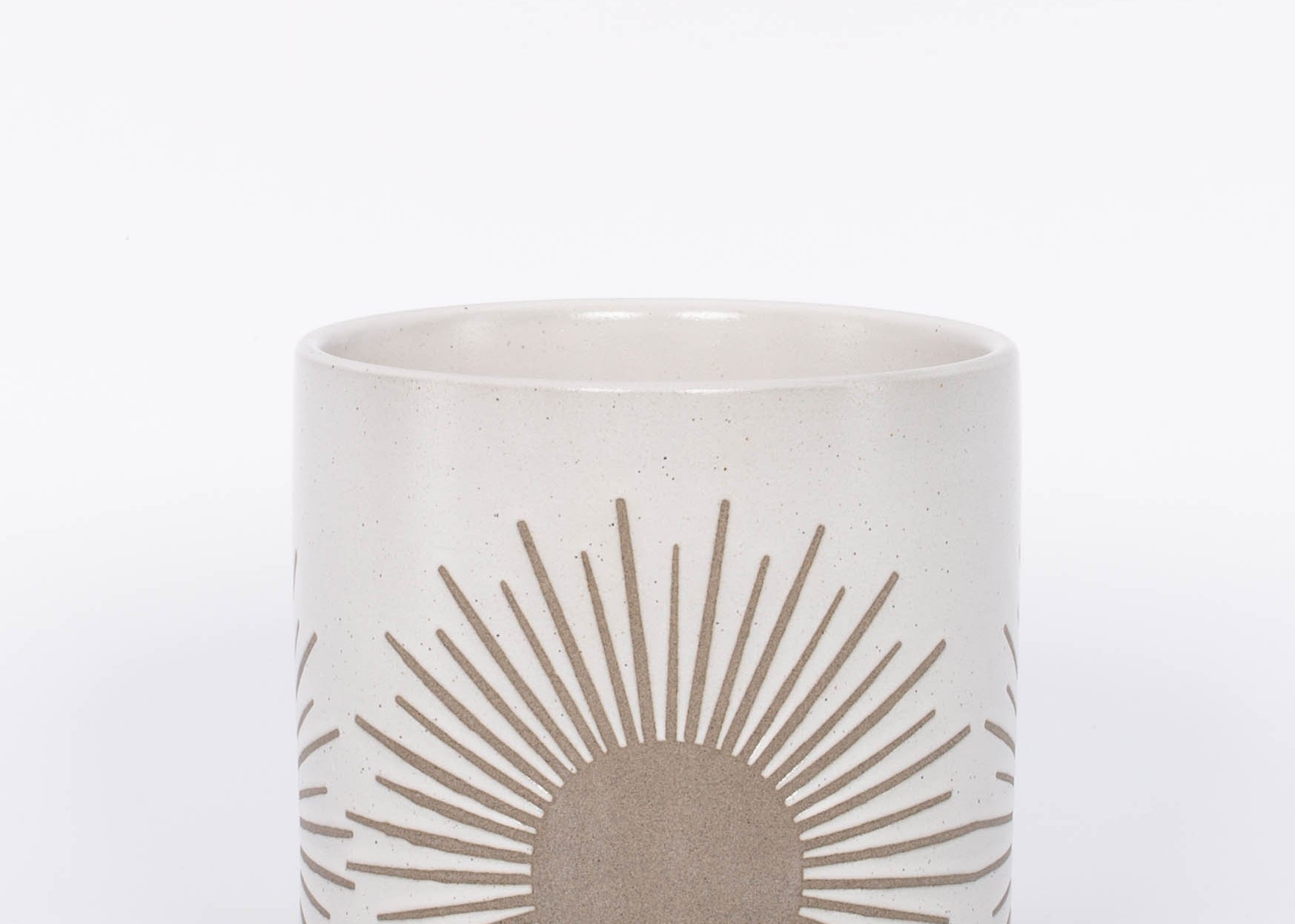 Medium Sunrise to Sunset planter Pot by Citrine with golden sun design on natural white. 