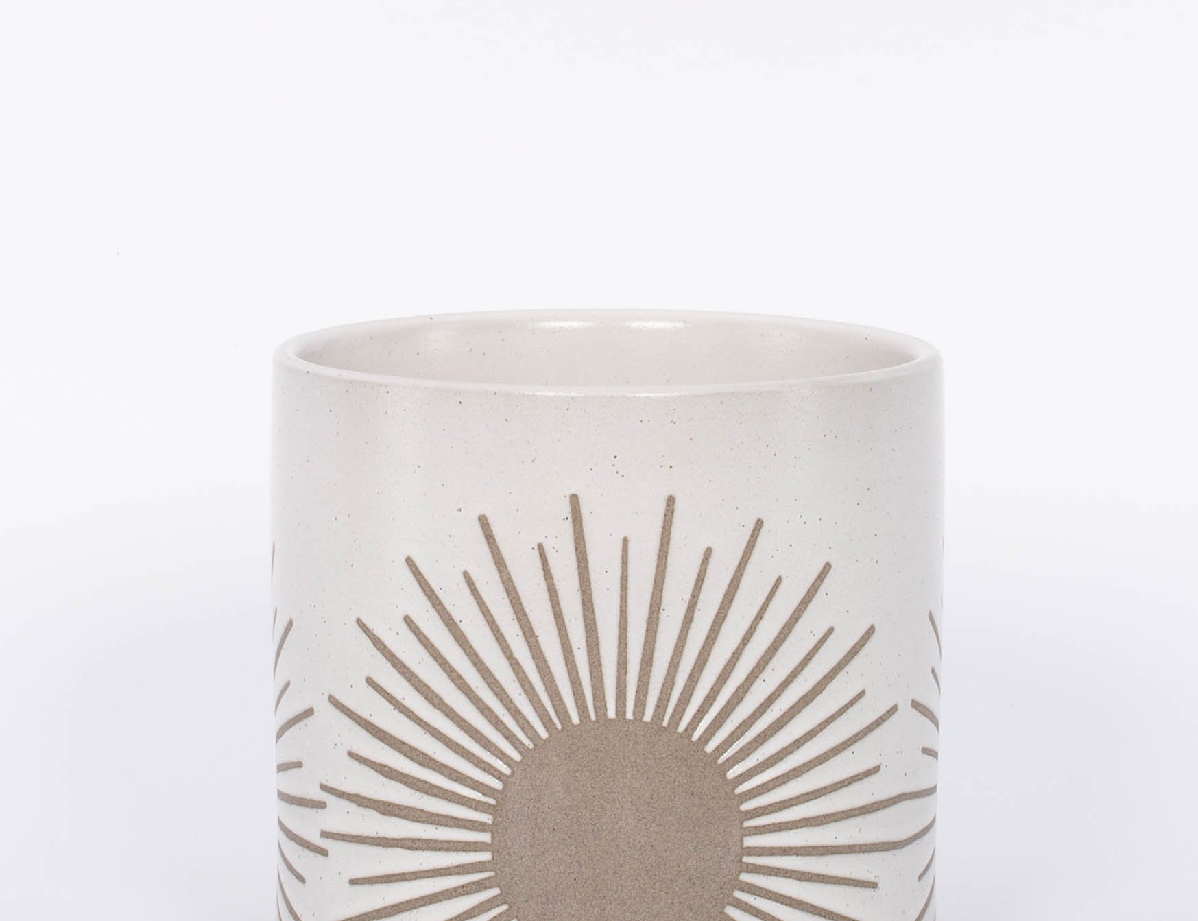 Medium Sunrise to Sunset planter Pot by Citrine with golden sun design on natural white. 