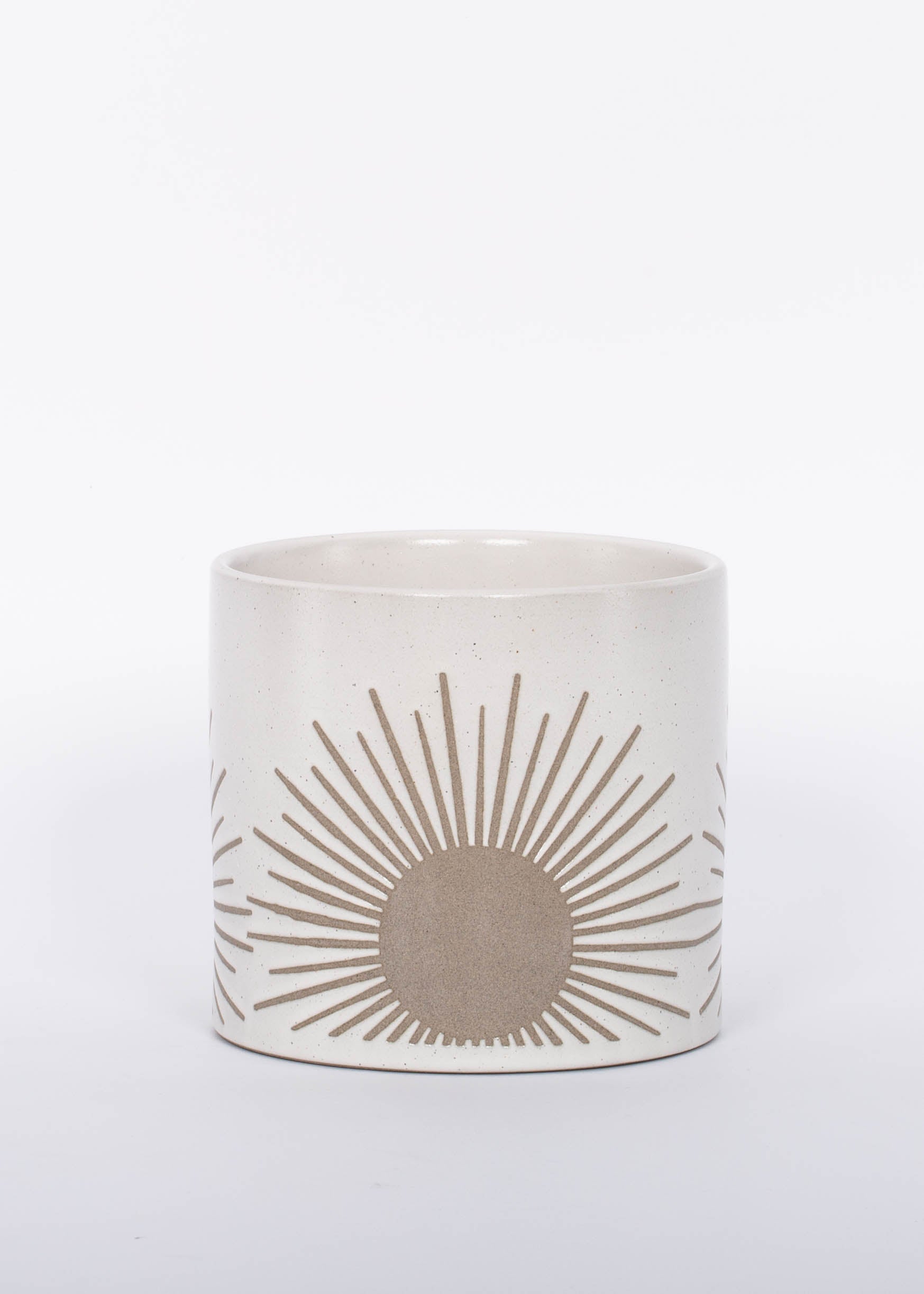 Medium Sunrise to Sunset planter Pot by Citrine with golden sun design on natural white. 