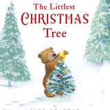 The Littlest Christmas Tree Book, cover with a bear cub placing a star on a small decorated tree in the snow