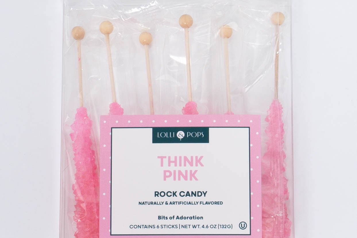 Nostalgic bubblegum flavored Think Pink Rock Candy by Lolli & Pops. Clear pack of 6.