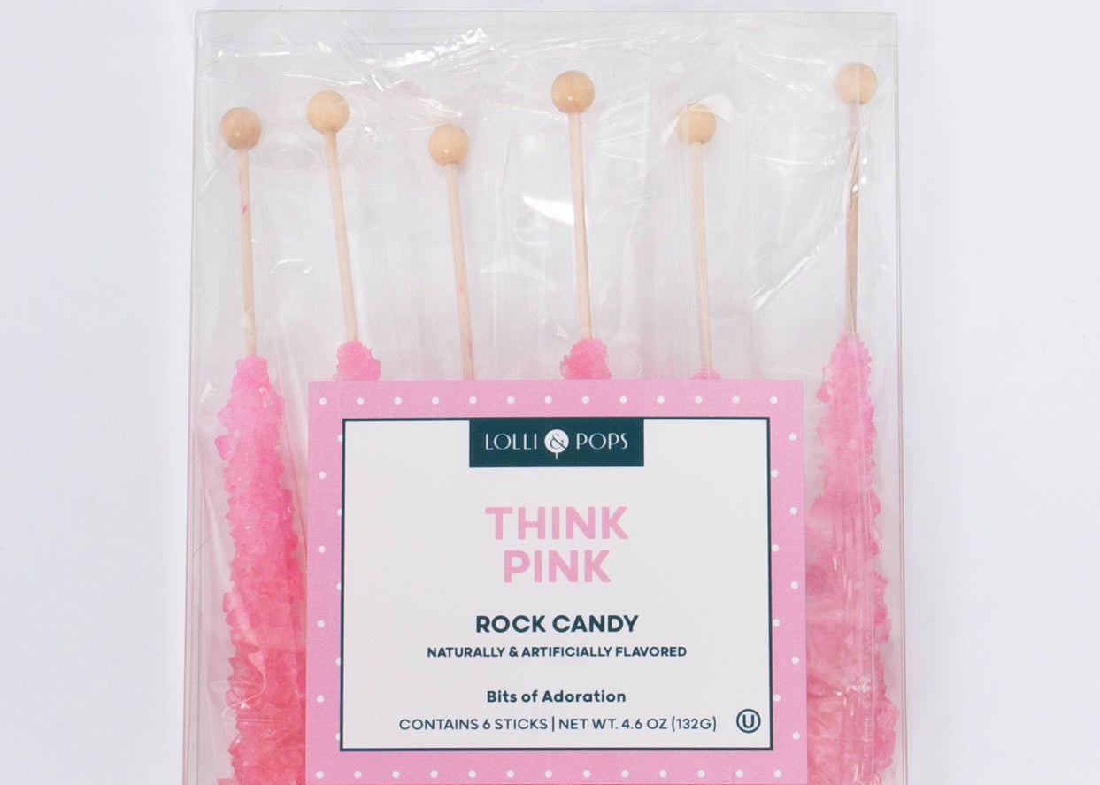 Nostalgic bubblegum flavored Think Pink Rock Candy by Lolli & Pops. Clear pack of 6.