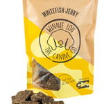 Packaged whitefish jerky with Winnie Lou the Canine branding on a yellow and brown background.