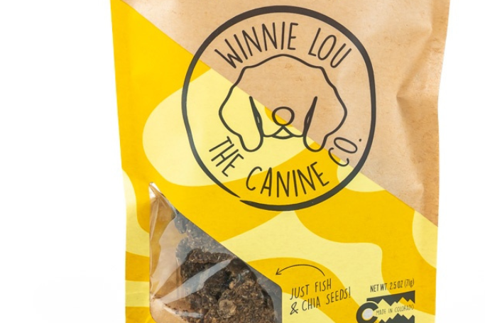 Packaged whitefish jerky with Winnie Lou the Canine branding on a yellow and brown background.