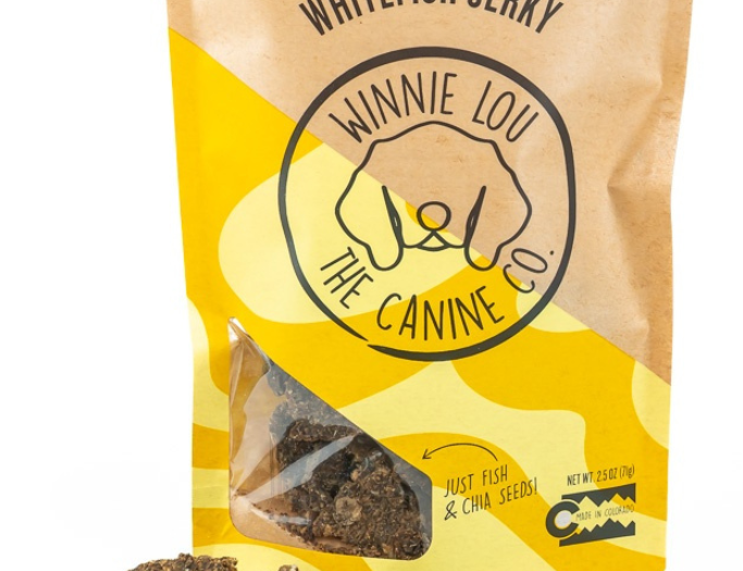 Packaged whitefish jerky with Winnie Lou the Canine branding on a yellow and brown background.