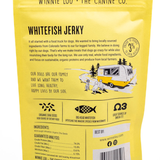 Yellow package of Whitefish Jerky from Winnie Lou The Canine Co. on a white background