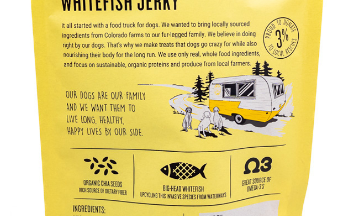Yellow package of Whitefish Jerky from Winnie Lou The Canine Co. on a white background