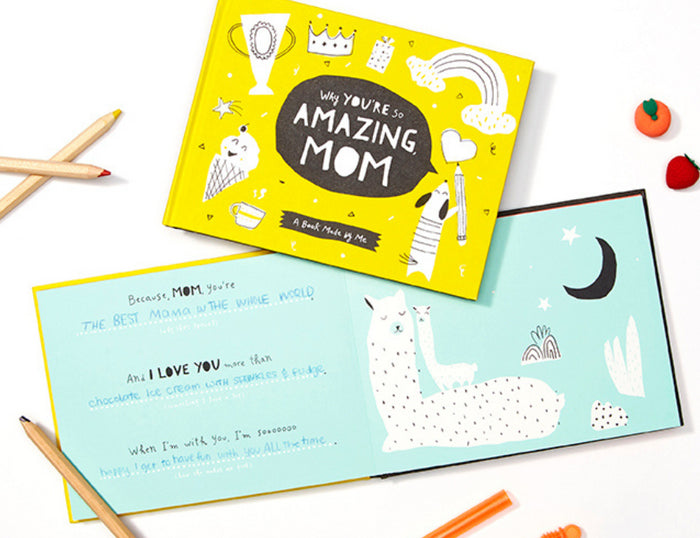 Colorful cover and inside pages of "Why You're So Amazing, Mom" Book with black and white illustrations for children.