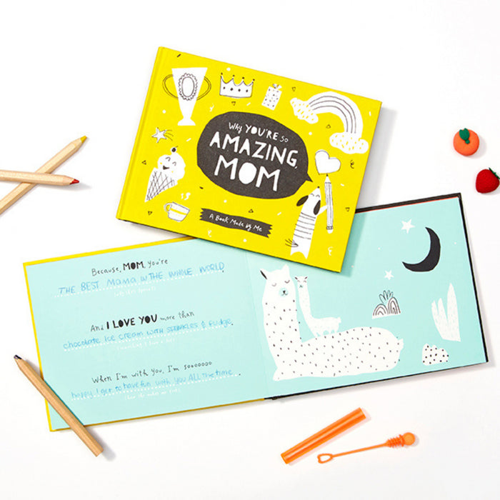 Colorful cover and inside pages of "Why You're So Amazing, Mom" Book with black and white illustrations for children.