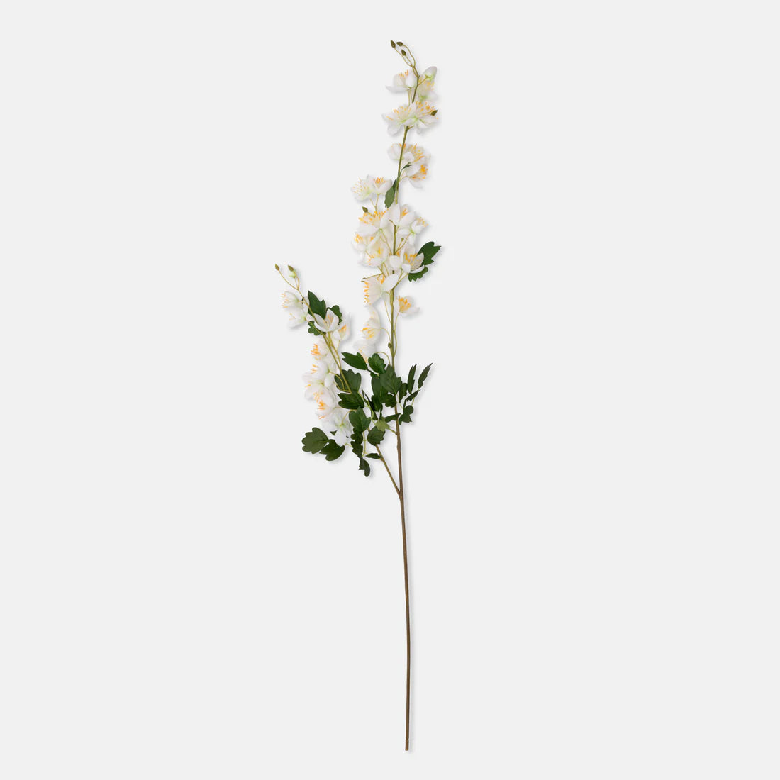 Abigail Ahern Artificial Cream Campanula, single tall faux stem with white bell flowers and green leaves on white