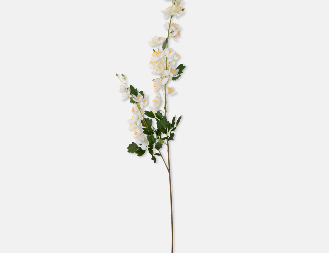 Abigail Ahern Artificial Cream Campanula, single tall faux stem with white bell flowers and green leaves on white