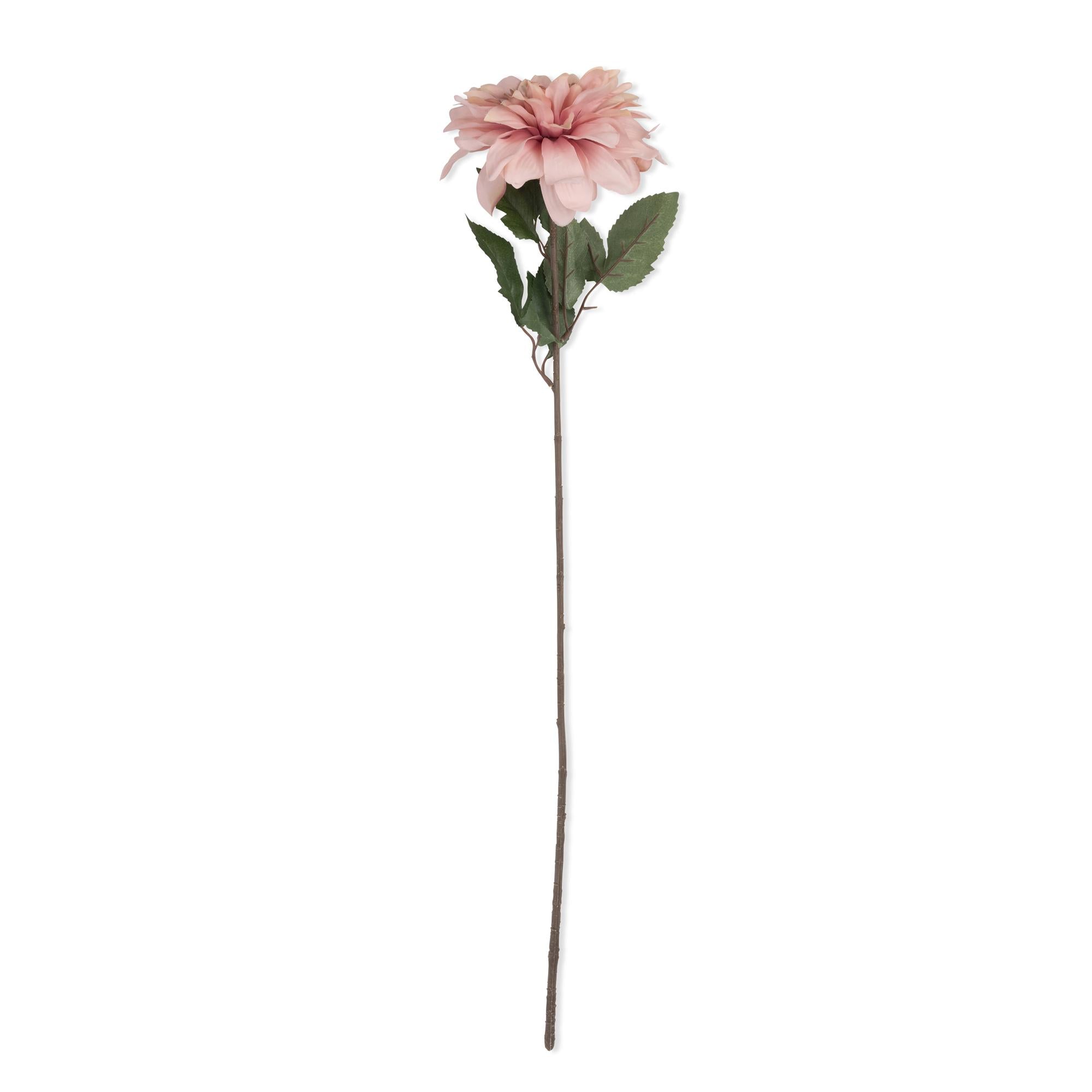 Abigail Ahern Artificial Dahlia Flamingo, single dusty pink faux dahlia stem with green leaves on white