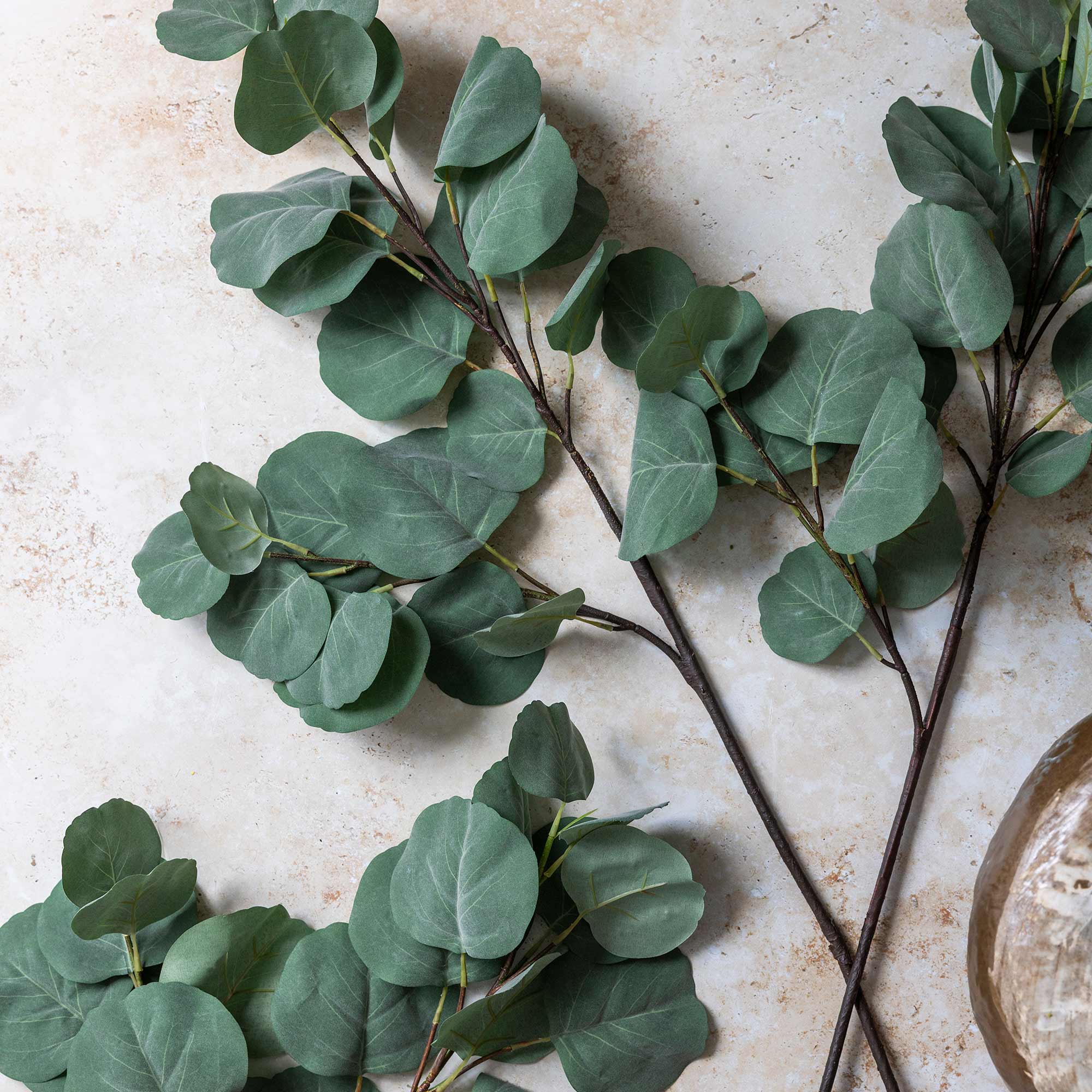 Abigail Ahern Artificial Eucalyptus Silver Dollar, several green stems laid on a stone surface