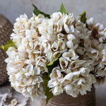 Abigail Ahern Artificial Hydrangea in Morning Mist, close-up of the cream and taupe petals in a brown vase