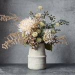 Abigail Ahern Artificial Hydrangea Morning Mist in a mixed neutral faux arrangement with dahlias and grasses in a stone vase