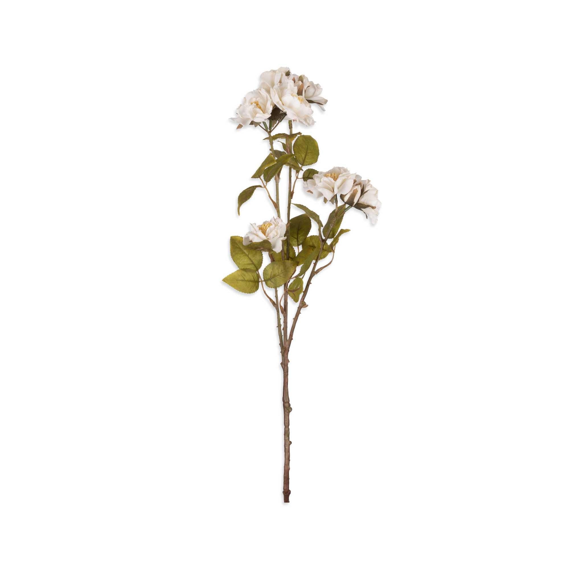 Abigail Ahern Artificial Rose Cream Spray, single faux stem with white roses and green leaves on white