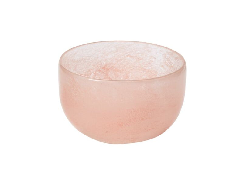Avonlea Bowl, the low soda glass bowl in soft pink.