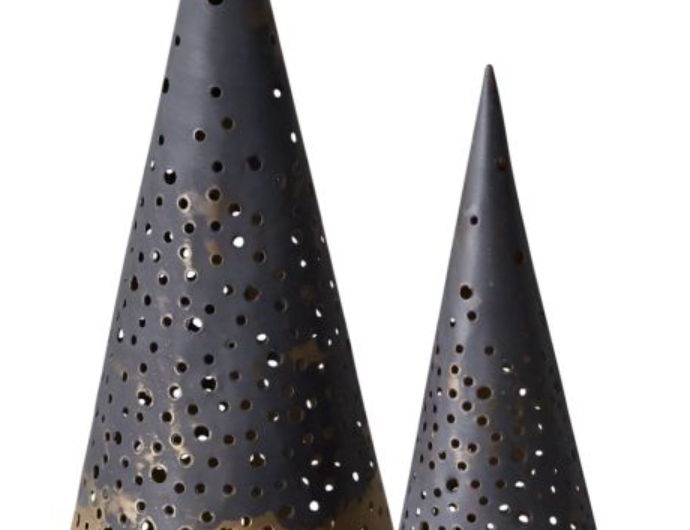 Black Alfie Tree Set, two black cone trees with punched dot patterns and gold dipped bases