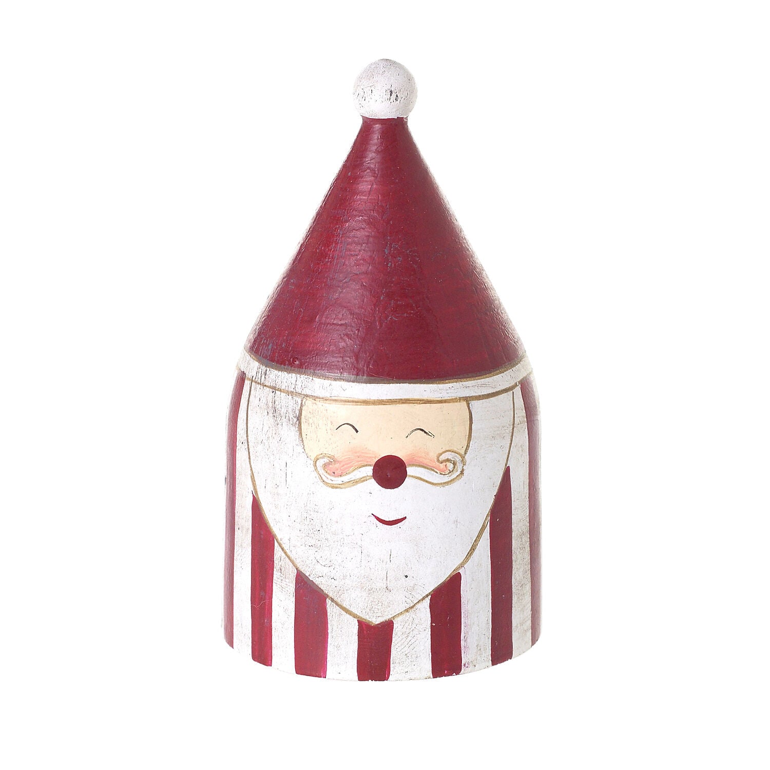 Candystripe Santa Collection, third view of a wooden Santa with a red and white hat
