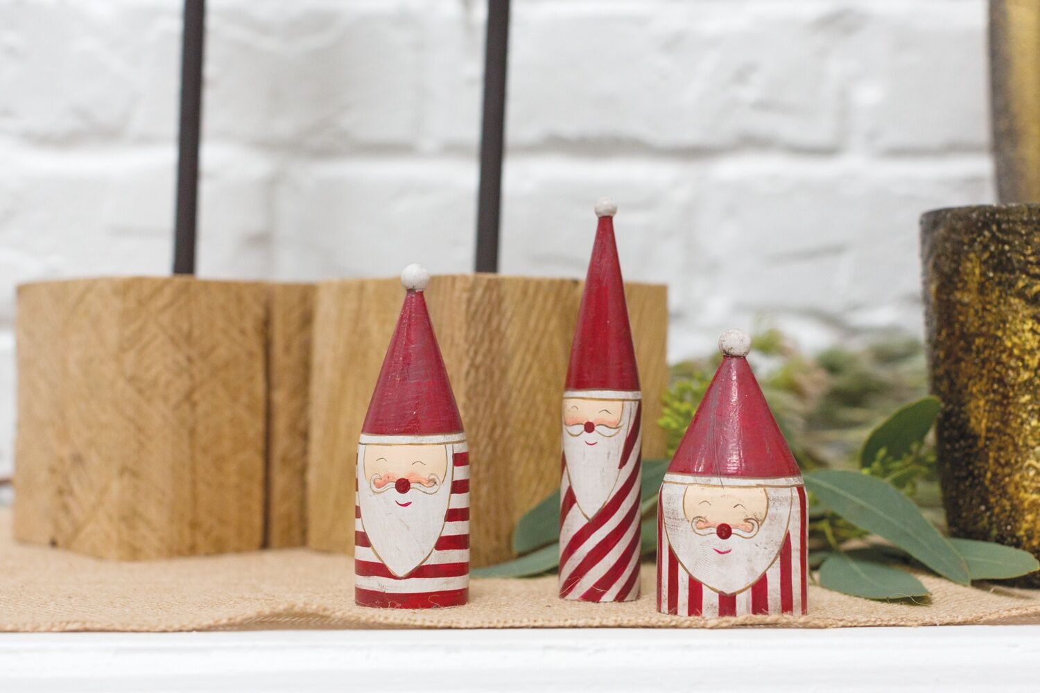 Candystripe Santa Collection, sixth view of the wooden Santa figures and ornaments