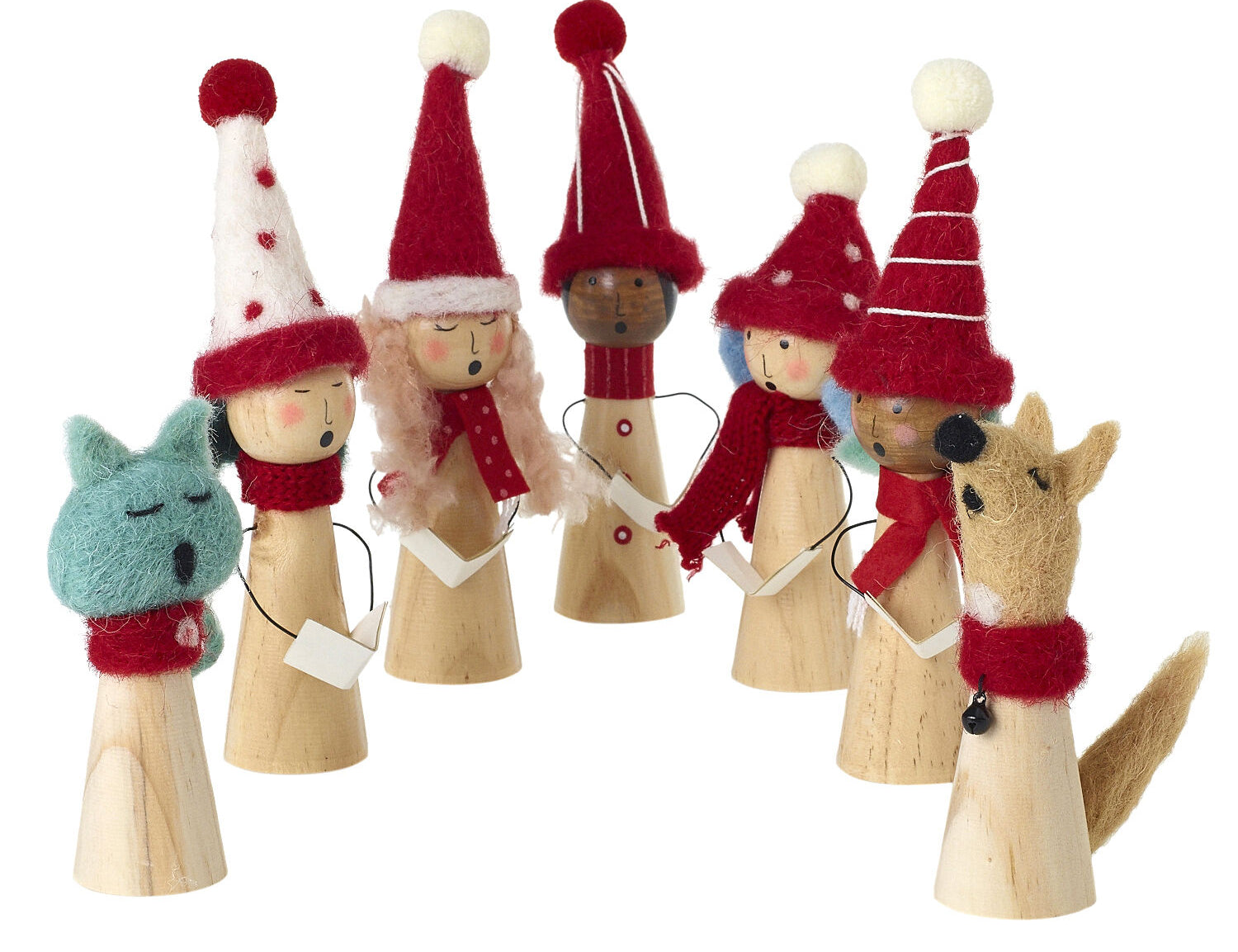 Carolers Set, wooden peg doll carolers in red and white knit hats and scarves with a reindeer