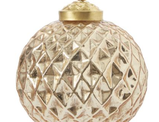 Diamond Etched Globe Ornament, champagne gold glass ball with a raised diamond texture and gold cap