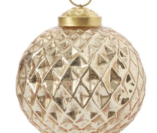 Diamond Etched Globe Ornament, champagne gold glass ball with a raised diamond texture and gold cap