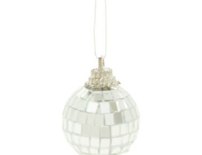 Disco Ball Ornament 1", small silver mirrored disco ball on a white cord