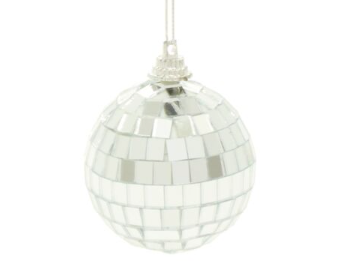 Disco Ball Ornament 2", silver mirrored disco ball on a white cord