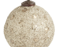 Donner Ornament, champagne gold glass ball with a heavy beaded and glittered texture and a dark bronze cap