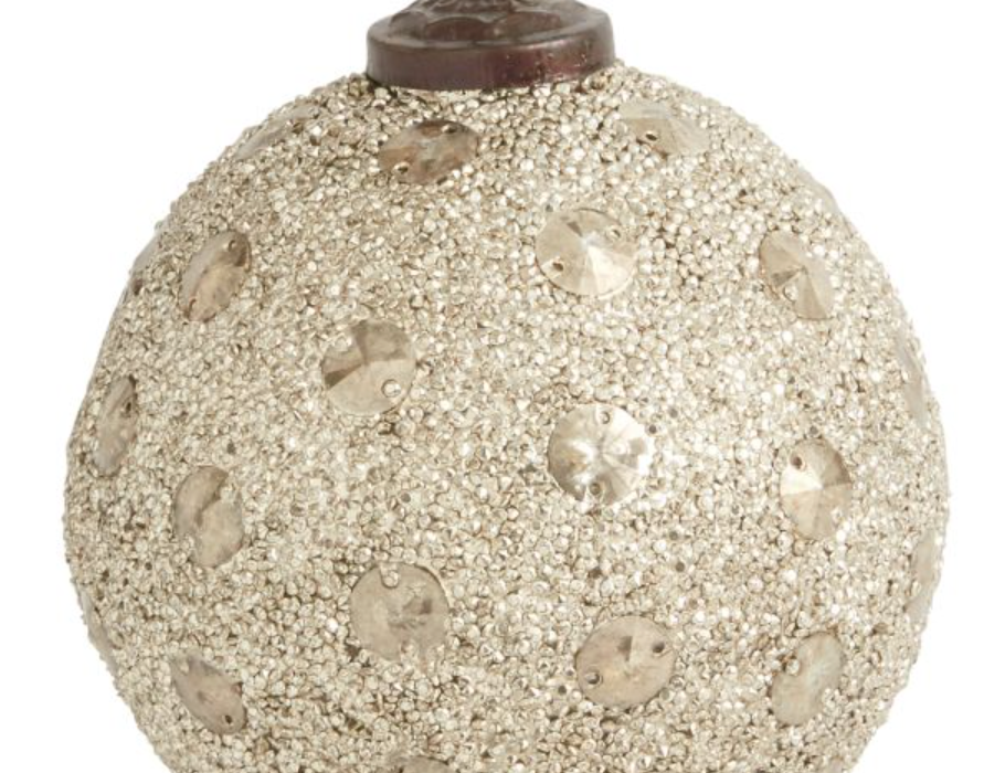 Donner Ornament, champagne gold glass ball with a heavy beaded and glittered texture and a dark bronze cap