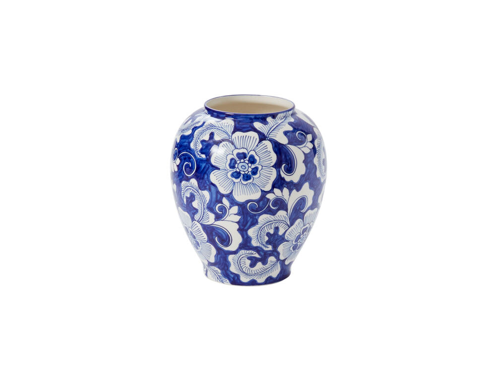 Elodie Vase Blue, the large hand painted stoneware vase with blue florals on white.