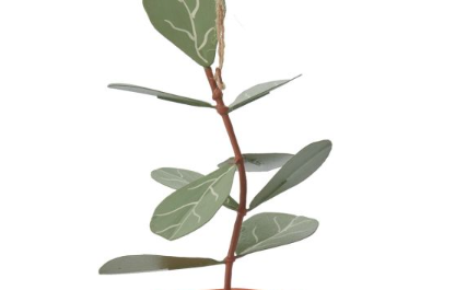 Fiddle Leaf Fig Plant Ornament, flat ornament with green leaves in an orange and cream checkerboard pot on a twine hanger