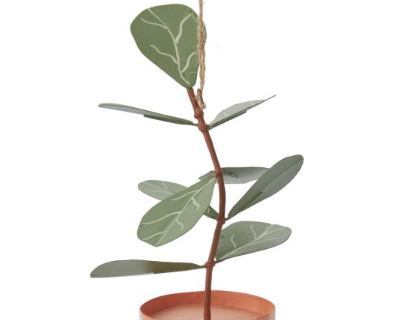 Fiddle Leaf Fig Plant Ornament, flat ornament with green leaves in an orange and cream checkerboard pot on a twine hanger