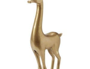 Gold Vixen Reindeer, tall gold standing deer sculpture on a rectangular gold base