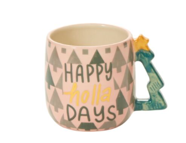 Happy Holla Days Mug, blush pink ceramic mug with a triangle tree pattern and a green Christmas tree handle with a gold star