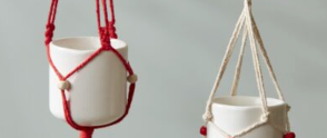 Macrame Tillandsia Holder Ornament, miniature macrame plant hanger in red and in cream with a tassel, hanging on an evergreen branch