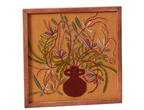 Orange Andalusia Wall Art, the square embroidered vase and floral design in a mango wood frame.