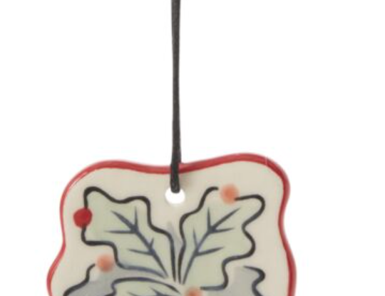 Planta Charm Ornament, flat cream charm painted with a green plant in a terracotta pot, hanging from a dark cord with two wooden beads