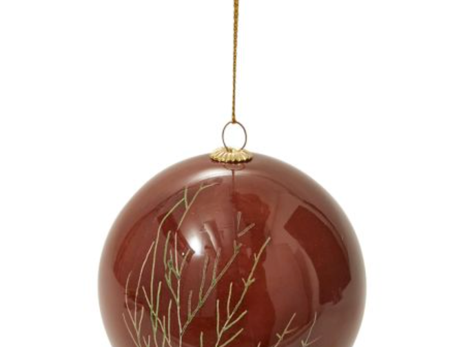 Red Bough Brinley Ornament, deep red glossy glass ball with a fine gold botanical branch design and gold cord
