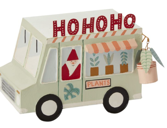 Santa's Plant Truck, cream metal food truck figurine with HOHOHO in red, a striped awning, a PLANTS sign, and tiny plants