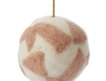 Shapeshift Ornament, cream felted wool ball with dusty rose abstract shapes on a gold cord