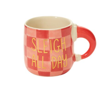Sleigh All Day Mug, red and pink checkerboard mug with SLEIGH ALL DAY in gold and a red handle