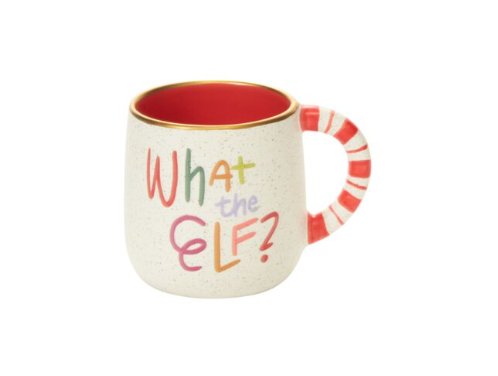What the Elf Mug, cream ceramic mug with What the ELF in multicolor lettering, a red interior, and a red and white striped handle