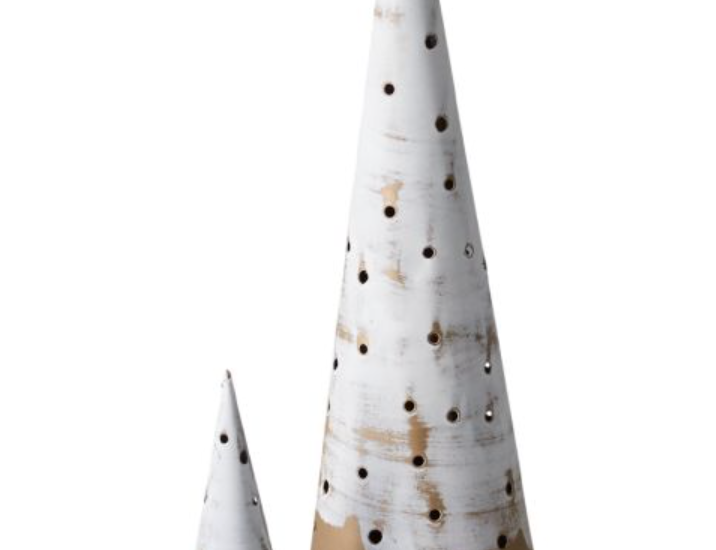 White Alfie Tree, white cone tree with scattered black dots and a gold dipped base, shown in two sizes
