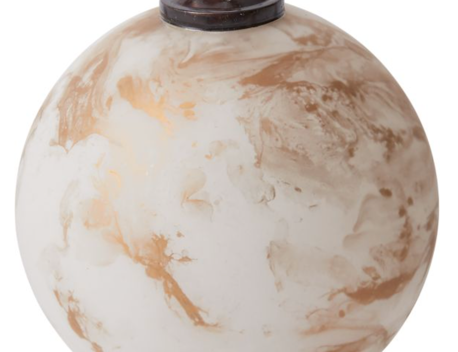 Wonderous Ornament, large cream glass ball marbled with warm gold swirls and a dark bronze cap