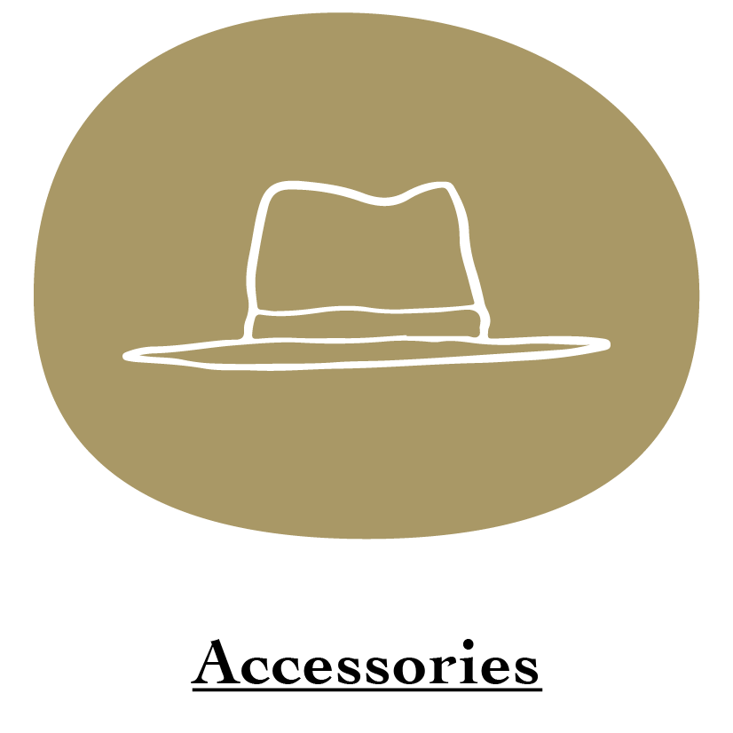 "Accessories" category name with white Wide Brim Western Hat Illustration on Gold circle