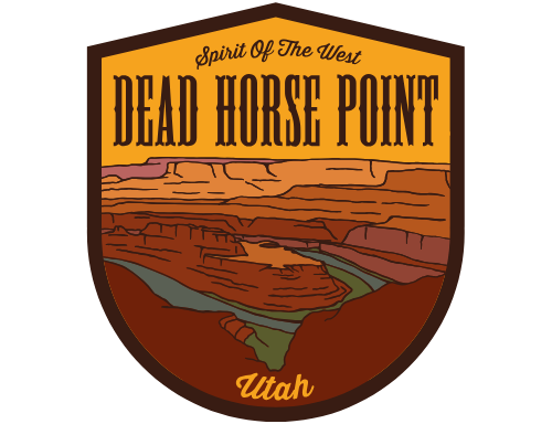 Adventure Responsibly Dead Horse Point Sticker, a badge-shaped canyon illustration reading Spirit of the West, Utah