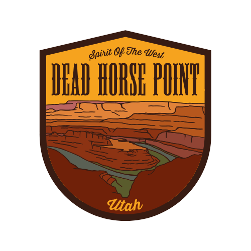 Adventure Responsibly Dead Horse Point Sticker, a badge-shaped canyon illustration reading Spirit of the West, Utah