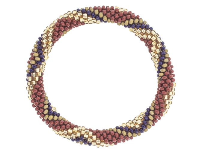 Aid Through Trade Roll-On Bracelet, a beaded bracelet in burgundy, navy and gold